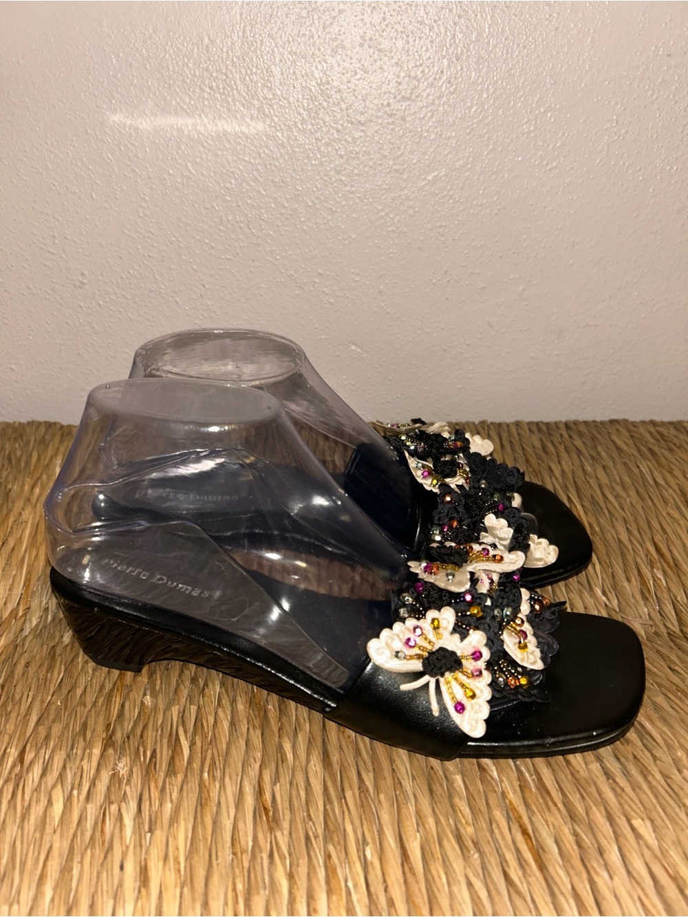 butterfly embellished Y2k wedge Beaded Black sequined Floral Slide Sandals - Picture 4 of 7